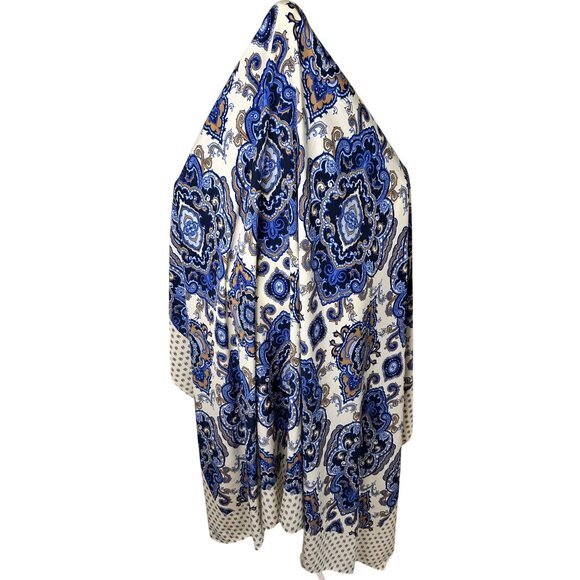 Lands End Blue & Cream Paisley Print Square  Boho Style Scarf Cape Shoulder - Picture 3 of 11